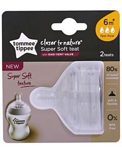 Tommee Tippee: Super Soft Teat with EASI-VENT Valve - Fast Flow (6 mths+) (2pk)
