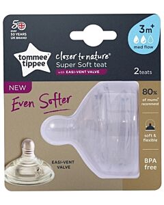 Tommee Tippee: Super Soft Teat with EASI-VENT Valve - Medium Flow (3 mths+) (2pk)
